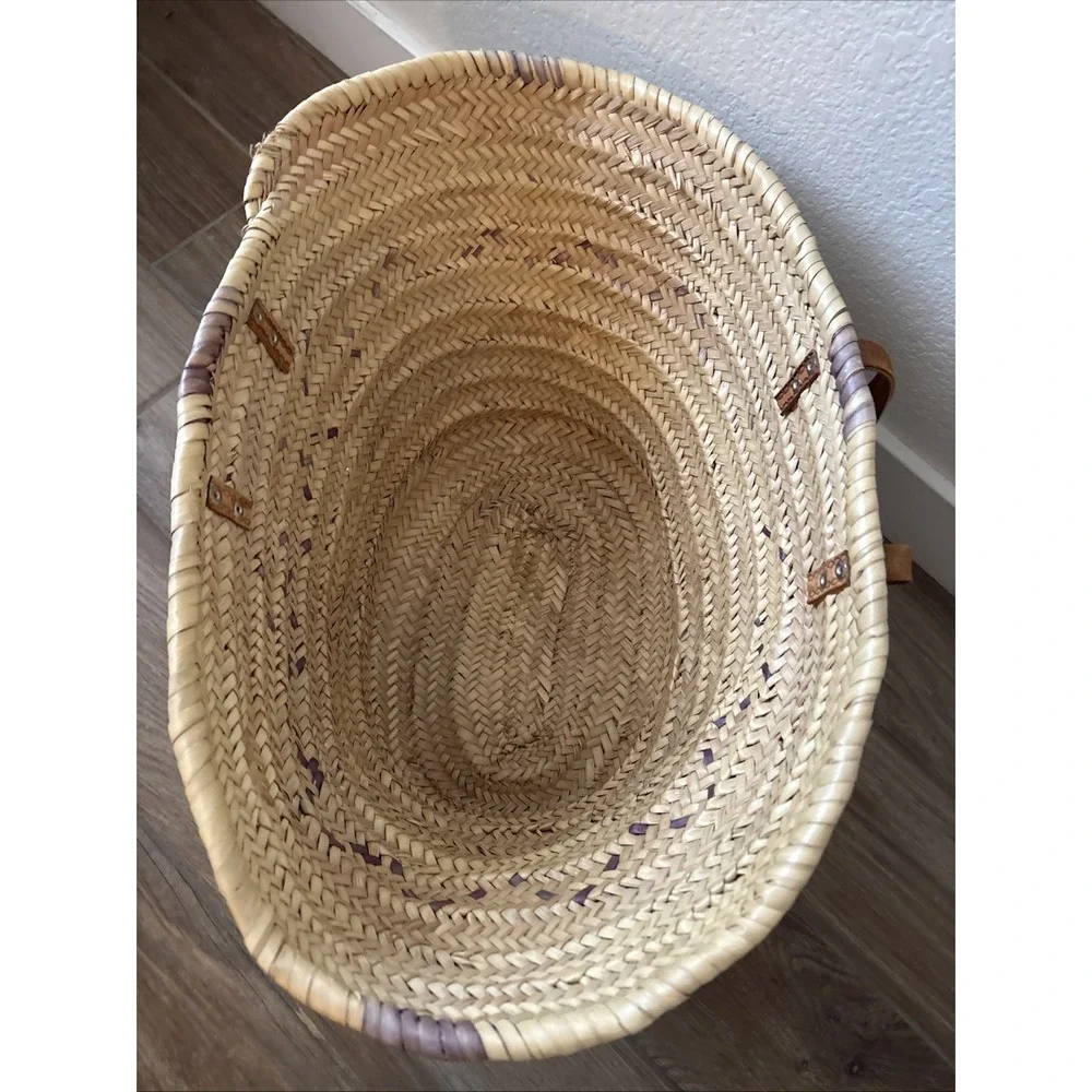 Handmade Woven Straw Market Basket with Brown Leather Handles Beach Shopping